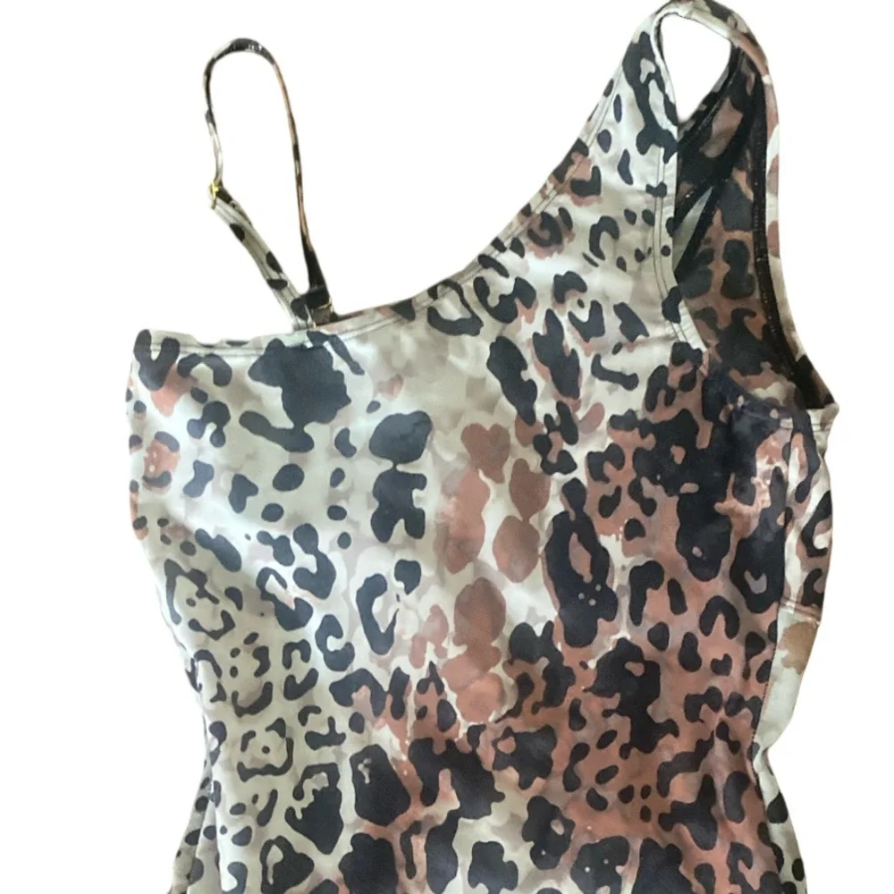 Beyond Control Leopard Print One-Shoulder Swimsuit-8 brown tan.  Poly spandex